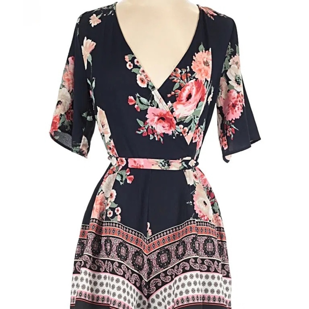 Three Hearts Floral V-Neck Jumpsuit - Navy and Pink